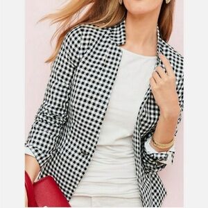 Talbots Wesley Gingham Linen Blend Stand Collar Blazer Black White Size 12